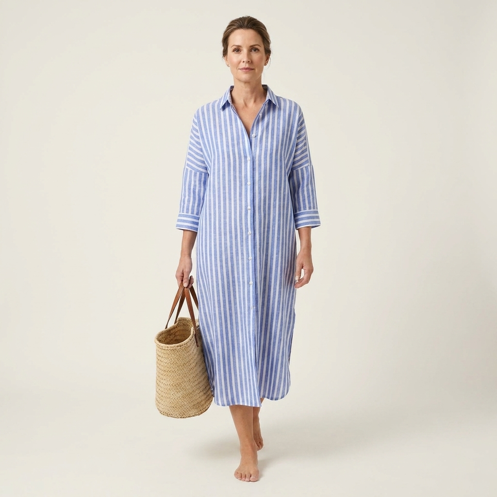 Lucy | Striped Linen Shirt Dress With Button Front & Side Slits
