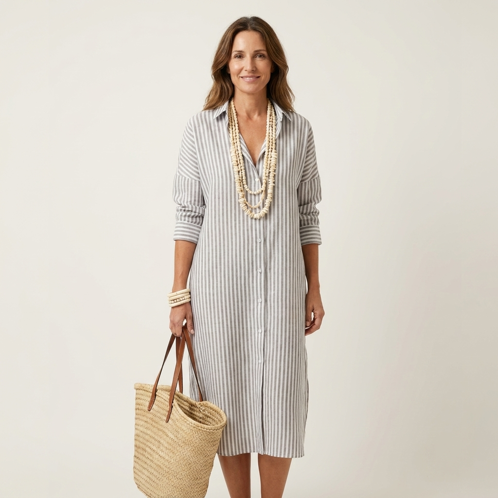 Lucy | Striped Linen Shirt Dress With Button Front & Side Slits