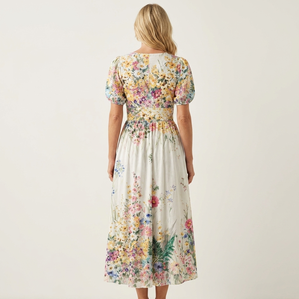 Maggy | Floral Wrap V-Neck Midi Dress With Puff Sleeves