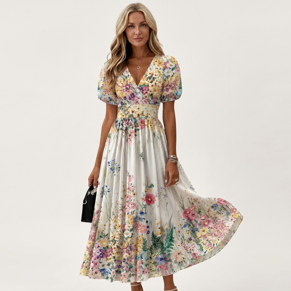 Maggy | Floral Wrap V-Neck Midi Dress With Puff Sleeves
