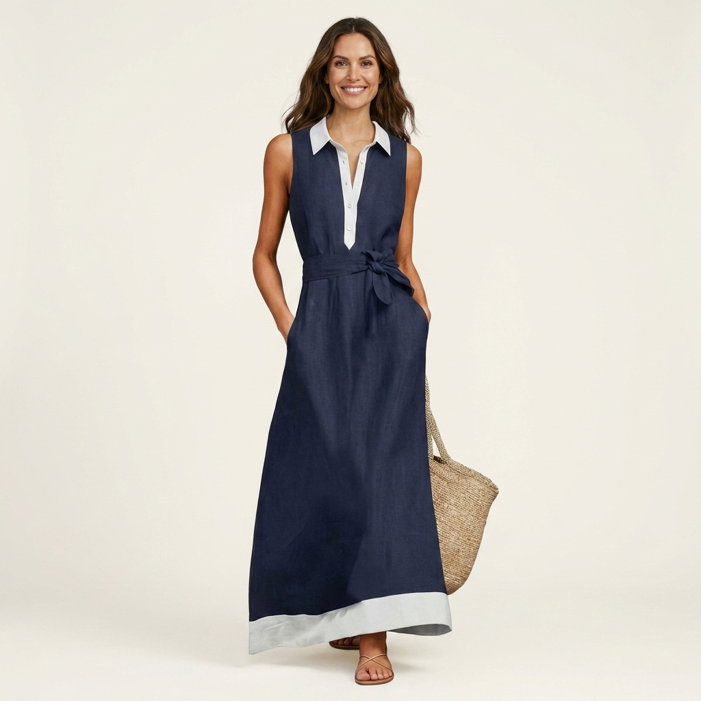 Patricia | Contrast Collar Sleeveless Maxi Dress With Tie Belt