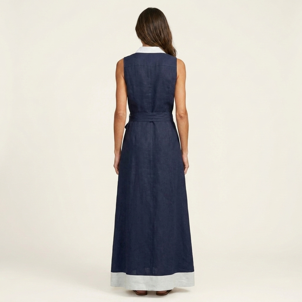Patricia | Contrast Collar Sleeveless Maxi Dress With Tie Belt