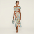 Lauren | Floral Satin Off-Shoulder Midi Dress With Twisted Neckline