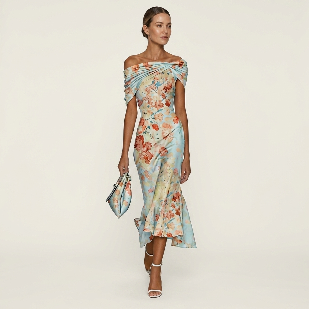 Lauren | Floral Satin Off-Shoulder Midi Dress With Twisted Neckline