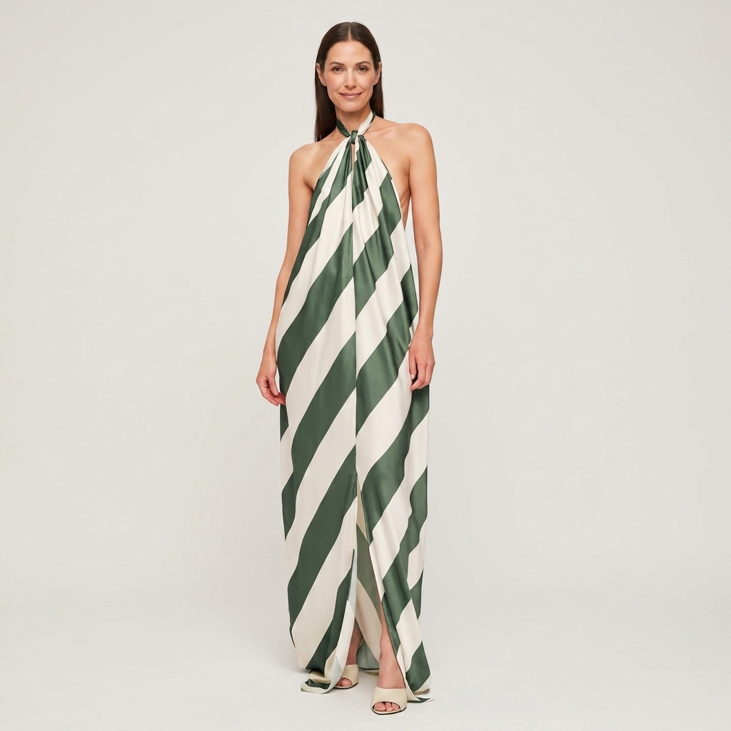 Laura | Striped Halter Maxi Dress With Open Back