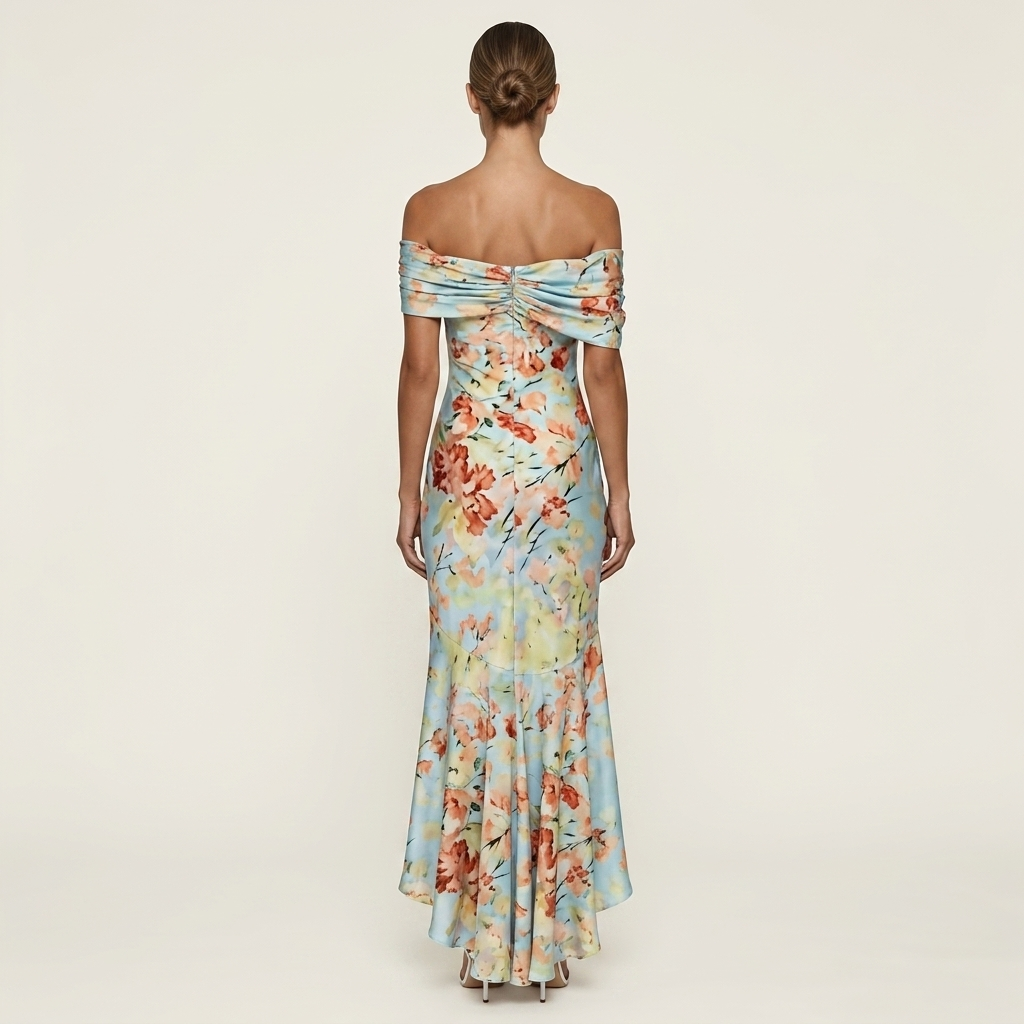 Lauren | Floral Satin Off-Shoulder Midi Dress With Twisted Neckline
