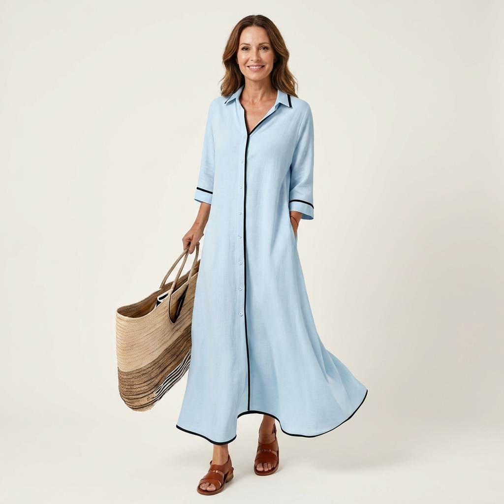 Celina | Contrast Piping Shirt Dress With Three-Quarter Sleeves