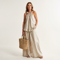Celine | Ruffle Halter Cotton-Linen Two-Piece Set With Wide-Leg Pants