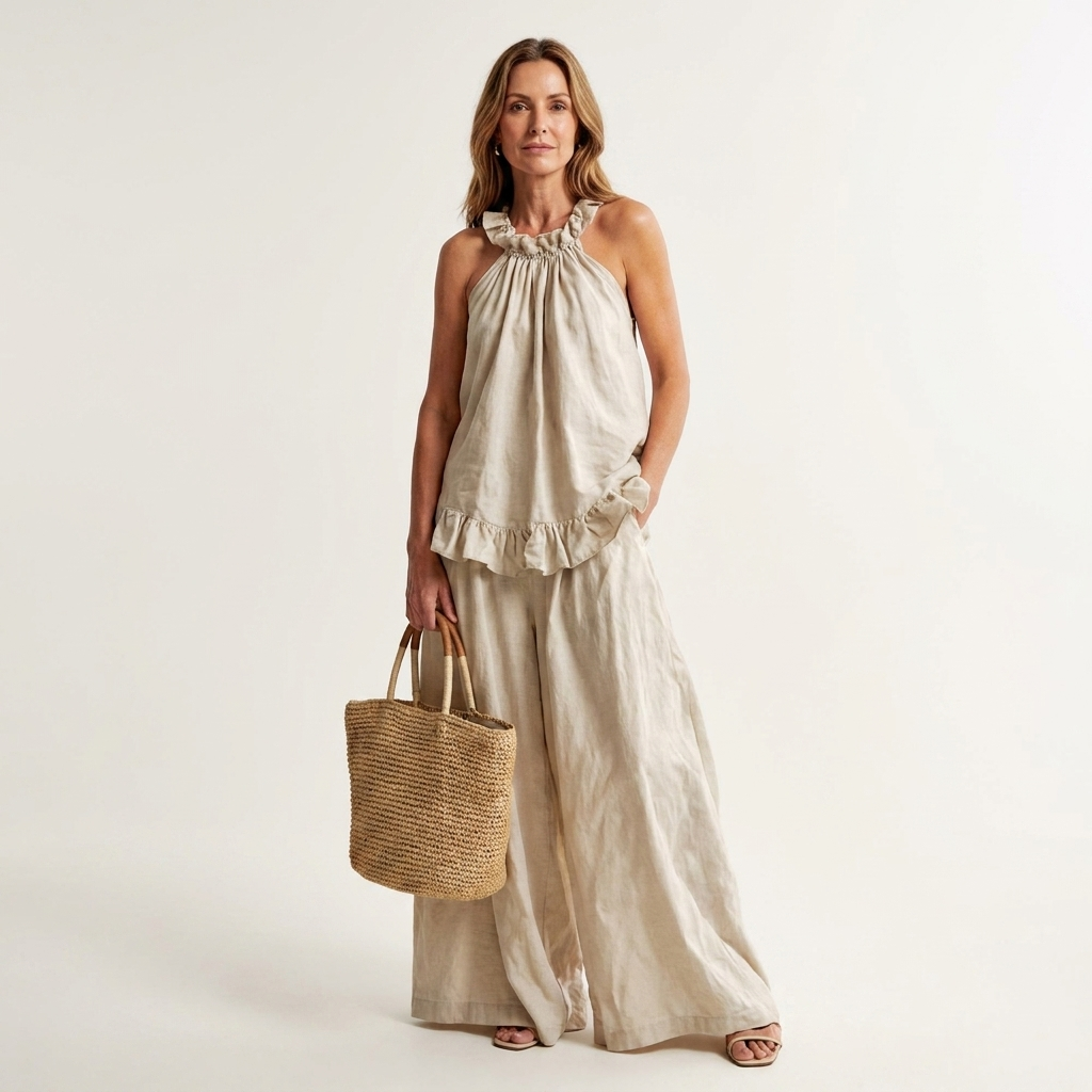 Celine | Ruffle Halter Cotton-Linen Two-Piece Set With Wide-Leg Pants