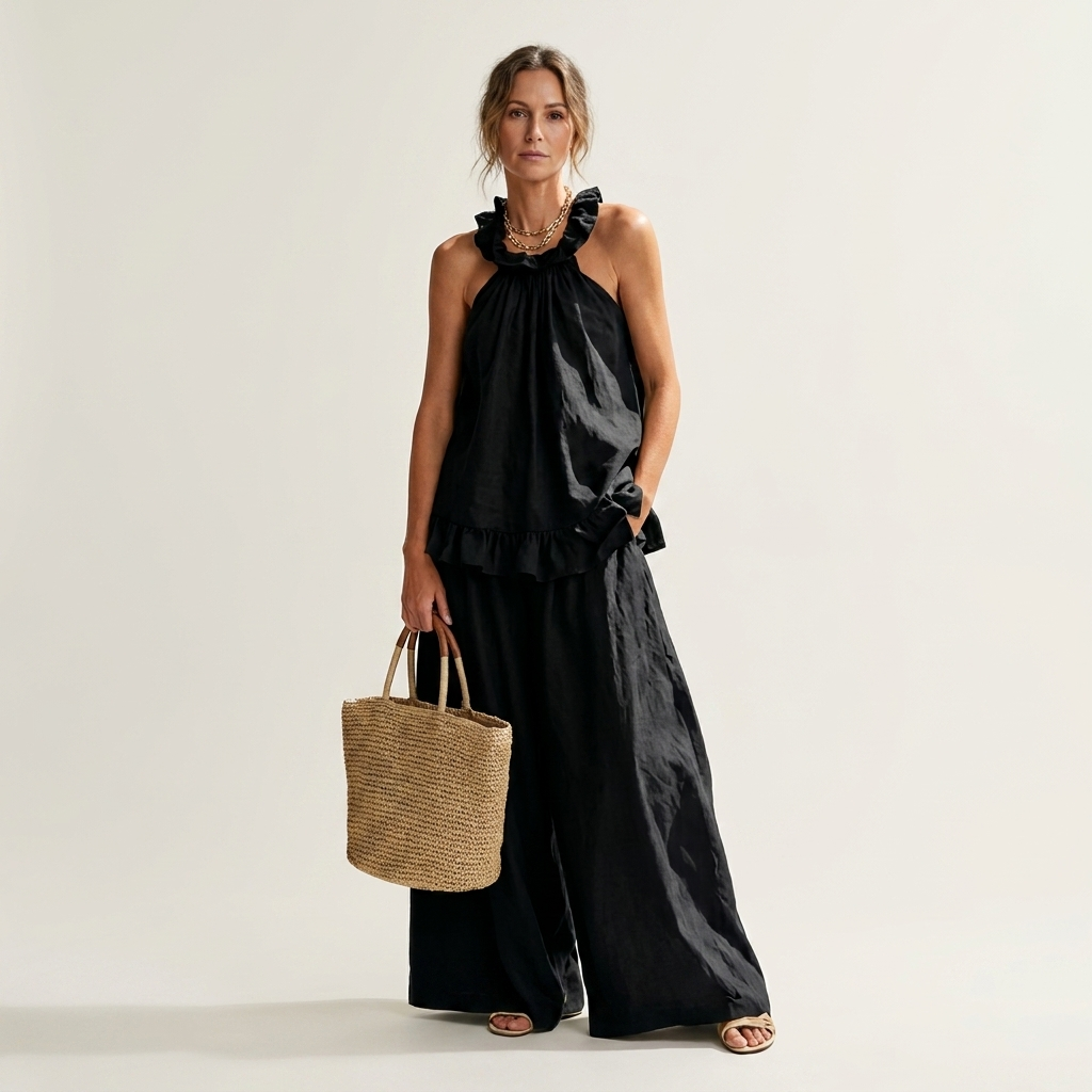 Celine | Ruffle Halter Cotton-Linen Two-Piece Set With Wide-Leg Pants