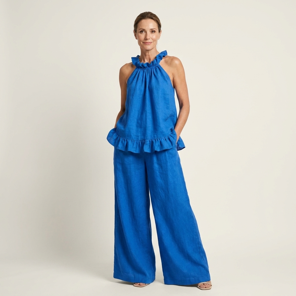 Celine | Ruffle Halter Cotton-Linen Two-Piece Set With Wide-Leg Pants