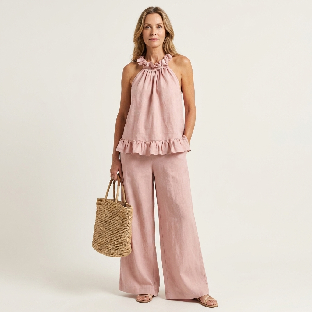 Celine | Ruffle Halter Cotton-Linen Two-Piece Set With Wide-Leg Pants