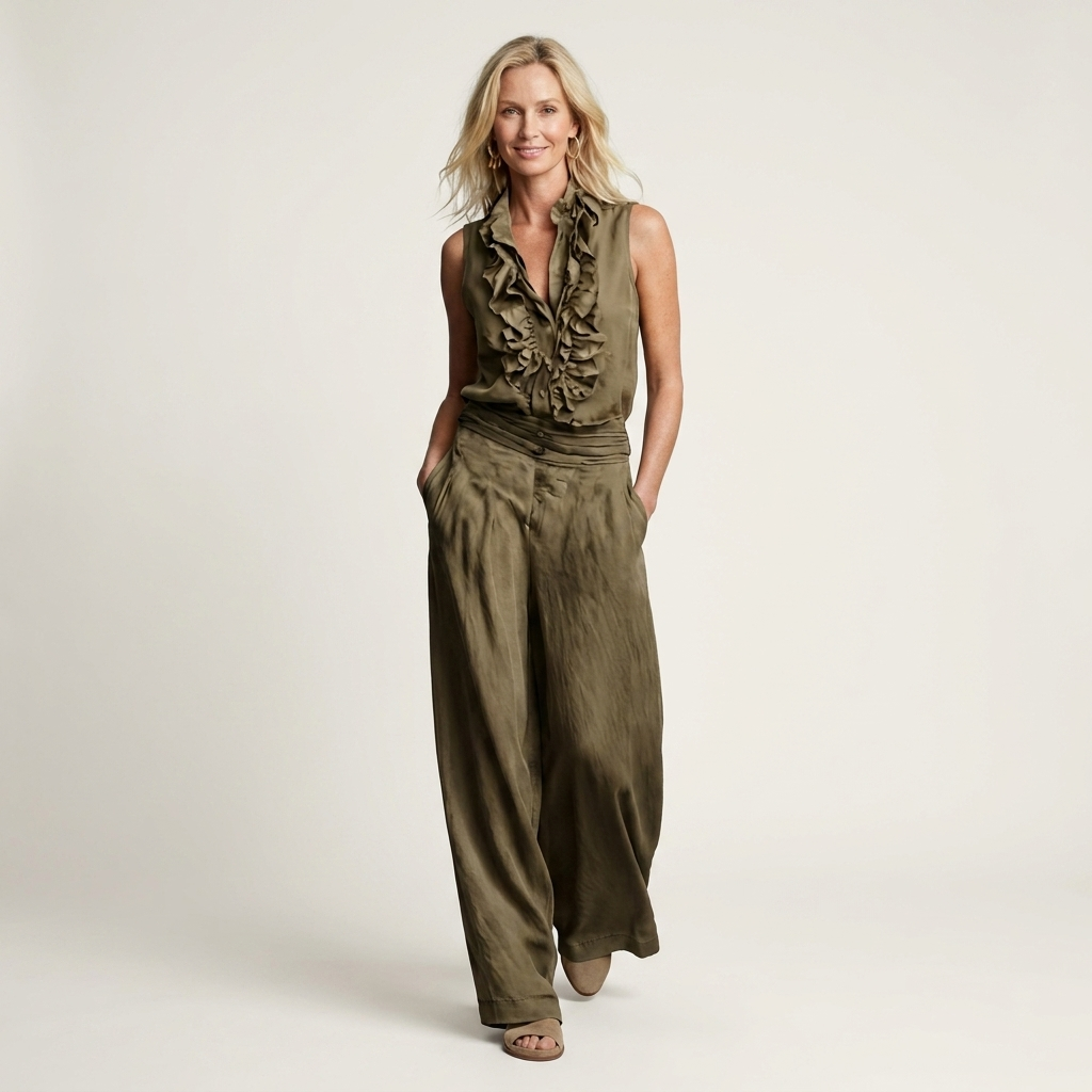 Jennifer | Ruffle-Front Halter Two-Piece Set With Wide-Leg Pants
