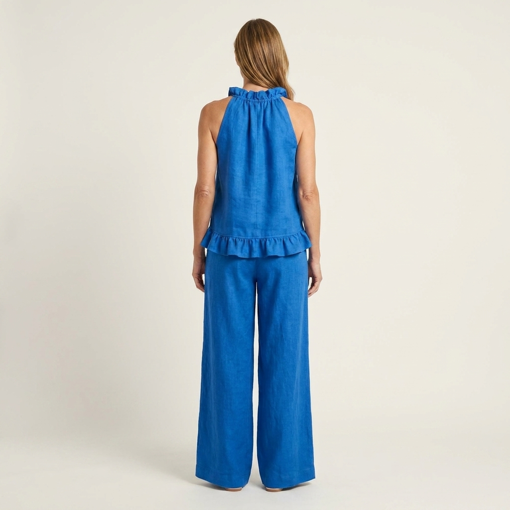 Celine | Ruffle Halter Cotton-Linen Two-Piece Set With Wide-Leg Pants
