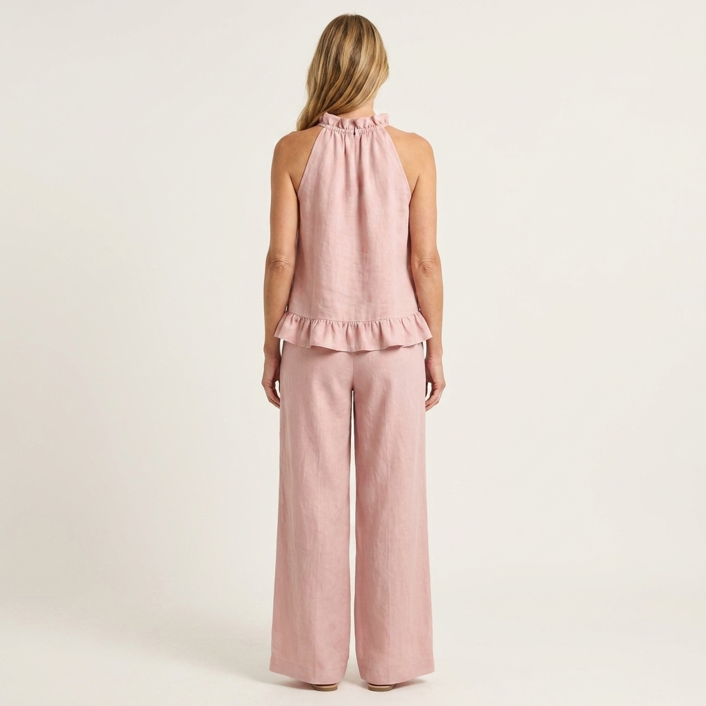 Celine | Ruffle Halter Cotton-Linen Two-Piece Set With Wide-Leg Pants