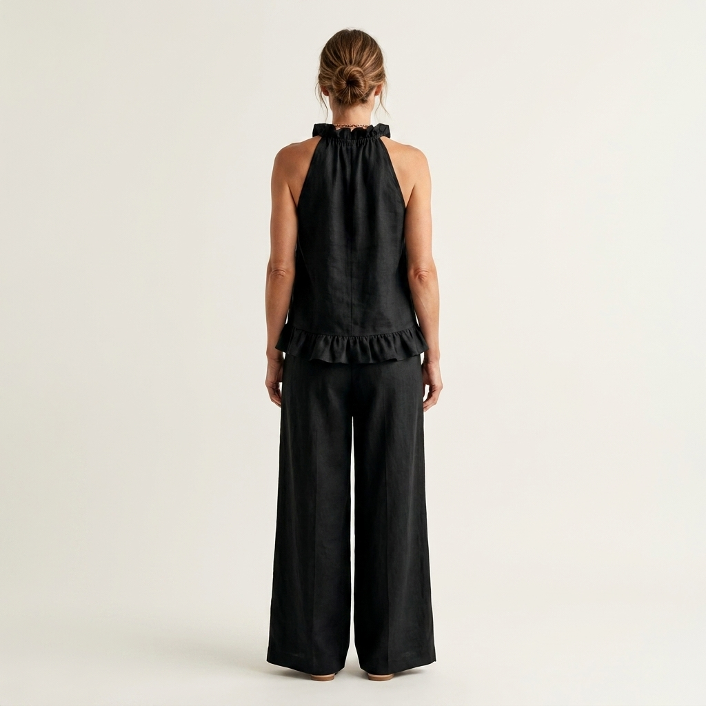 Celine | Ruffle Halter Cotton-Linen Two-Piece Set With Wide-Leg Pants