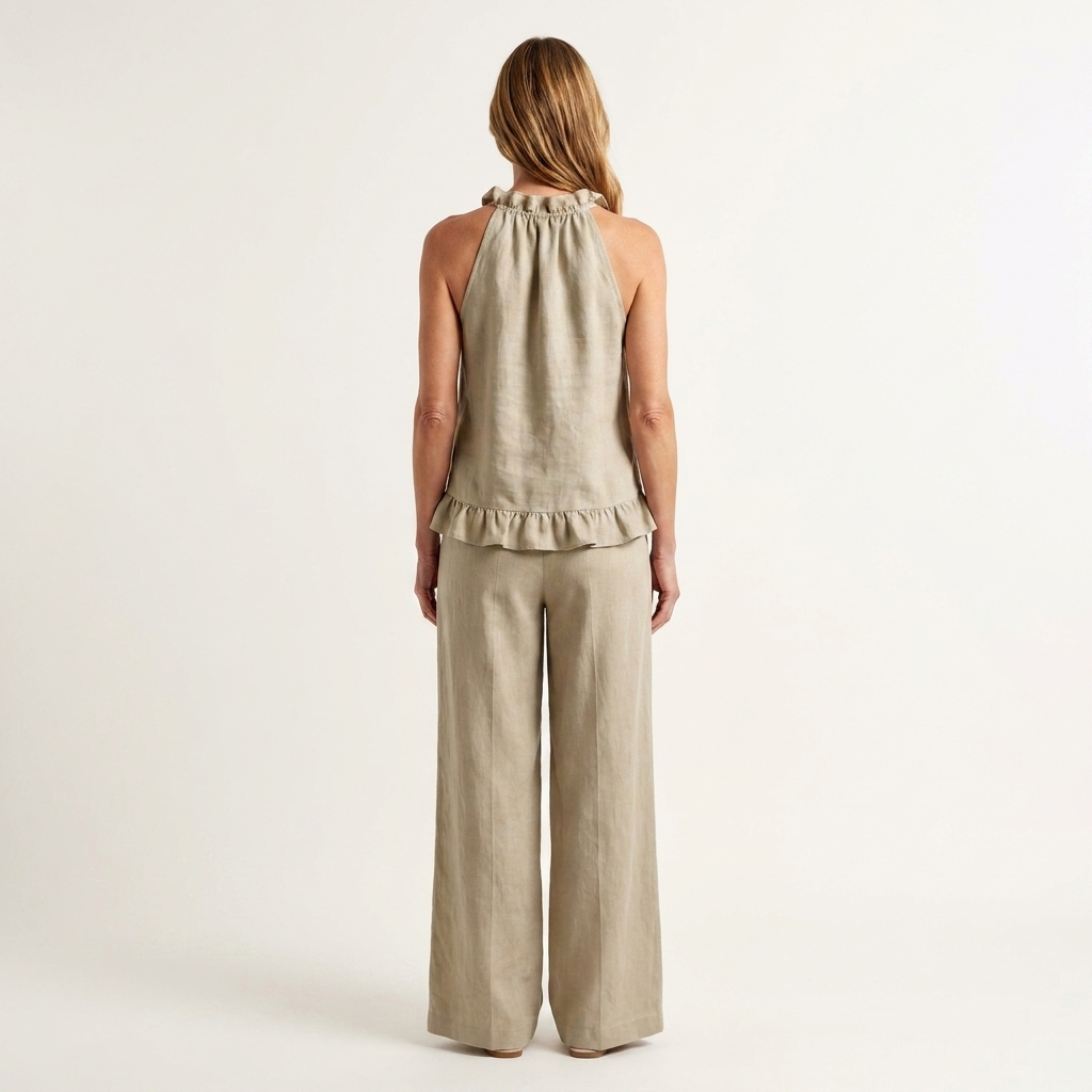 Celine | Ruffle Halter Cotton-Linen Two-Piece Set With Wide-Leg Pants