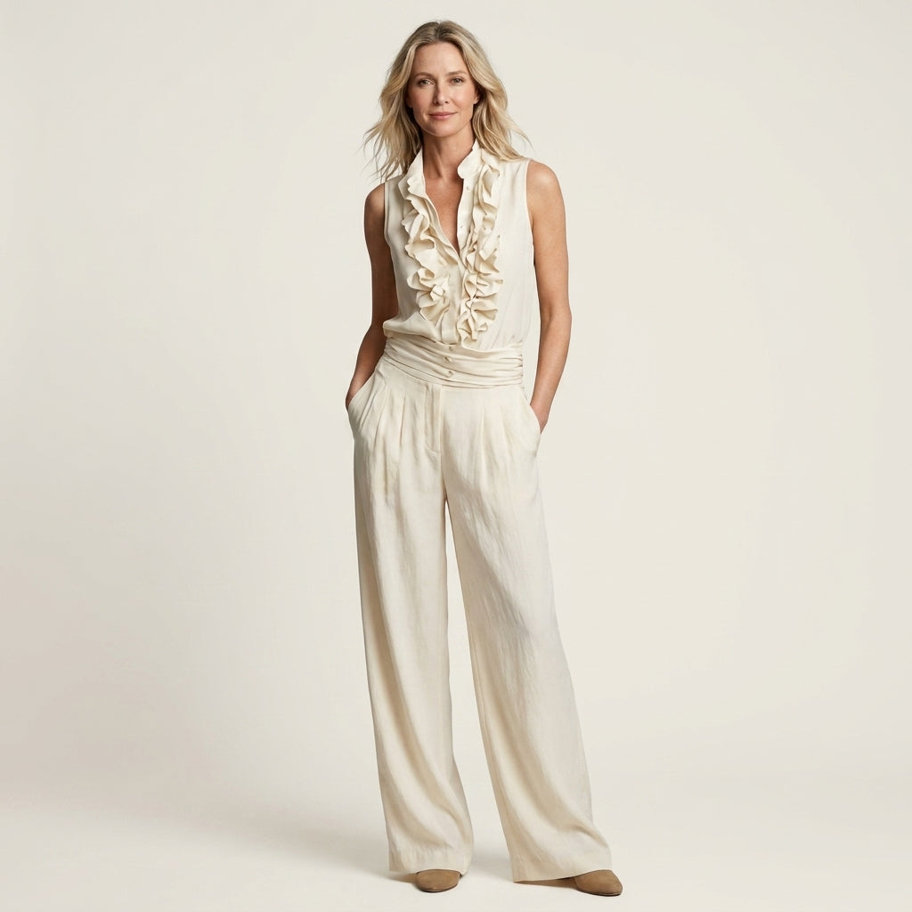 Jennifer | Ruffle-Front Halter Two-Piece Set With Wide-Leg Pants