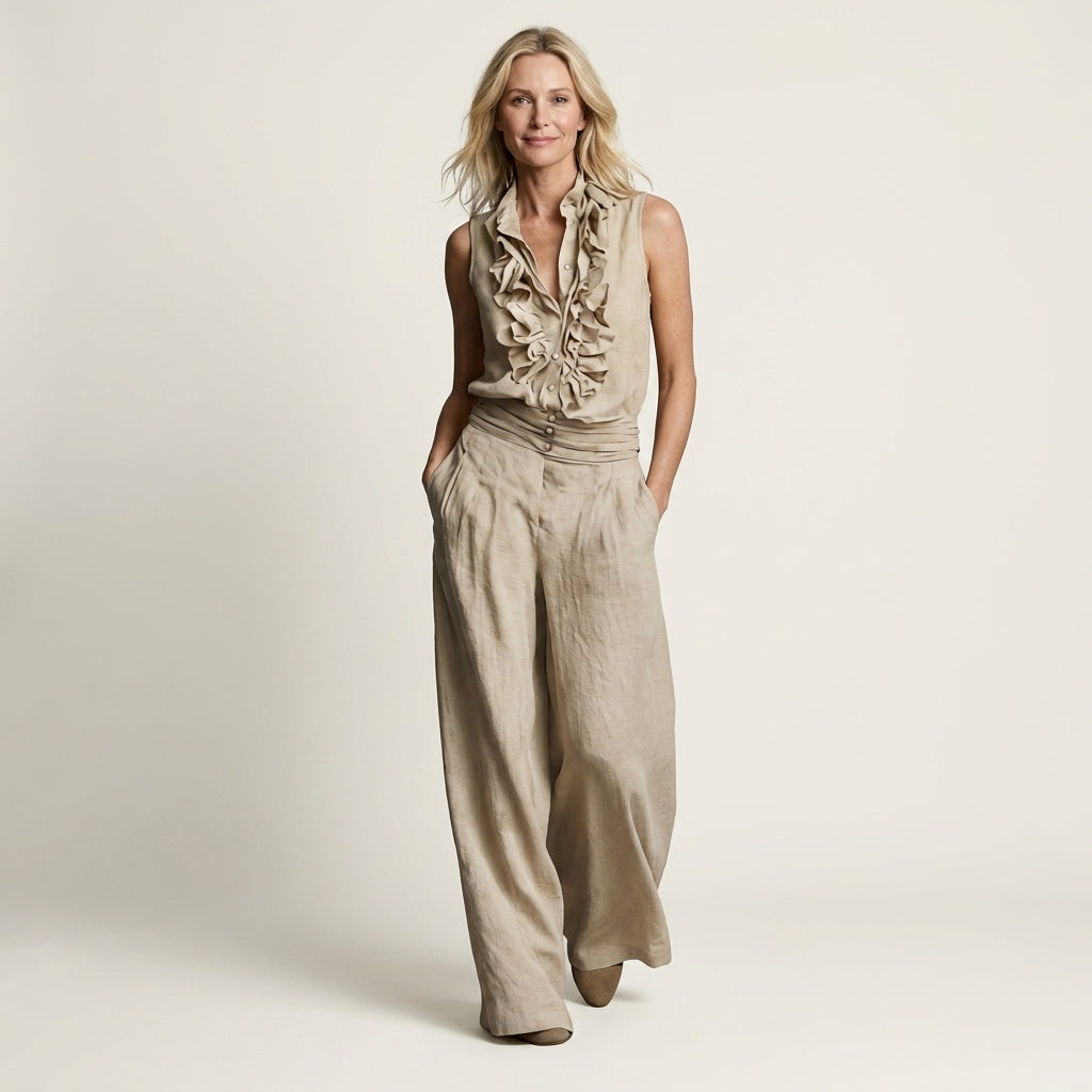 Jennifer | Ruffle-Front Halter Two-Piece Set With Wide-Leg Pants