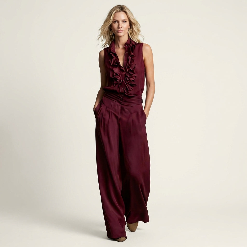 Jennifer | Ruffle-Front Halter Two-Piece Set With Wide-Leg Pants