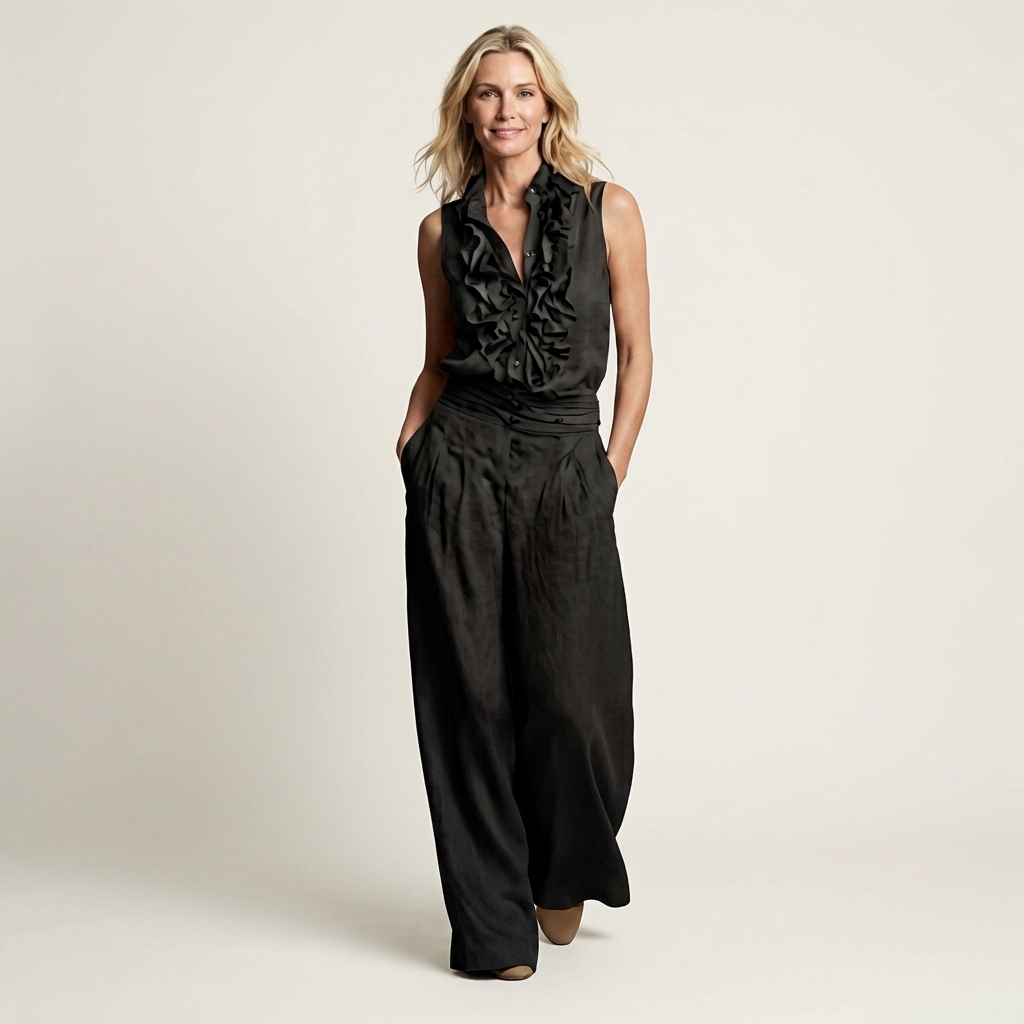 Jennifer | Ruffle-Front Halter Two-Piece Set With Wide-Leg Pants