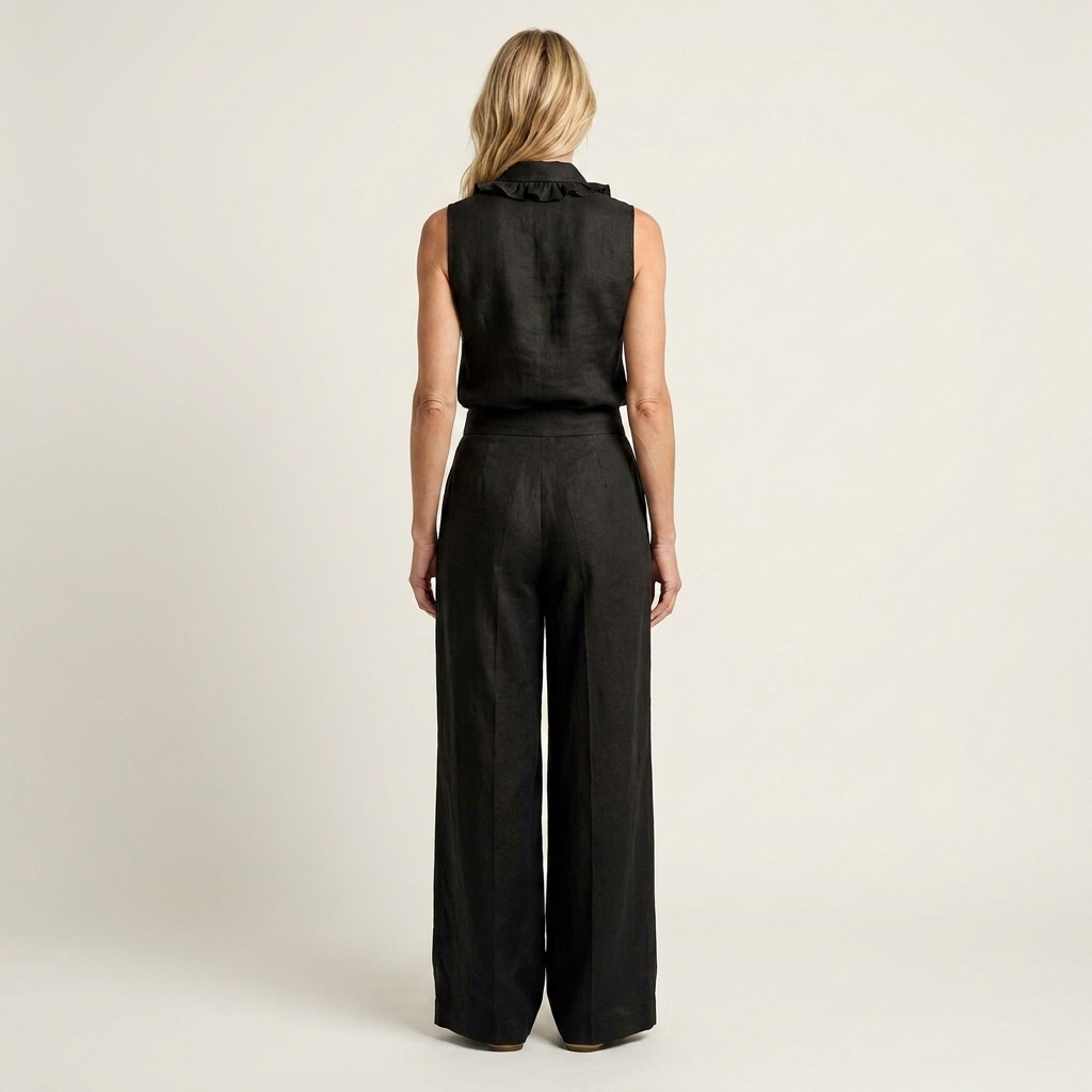 Jennifer | Ruffle-Front Halter Two-Piece Set With Wide-Leg Pants