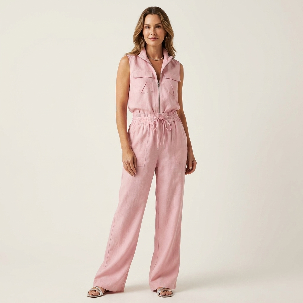 Leona | Zip-Front Two-Piece Set With Drawstring Wide-Leg Pants