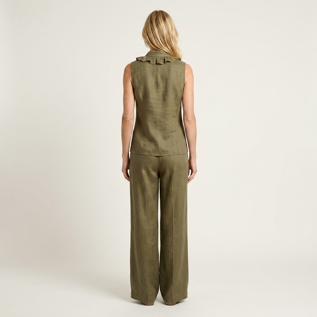 Jennifer | Ruffle-Front Halter Two-Piece Set With Wide-Leg Pants