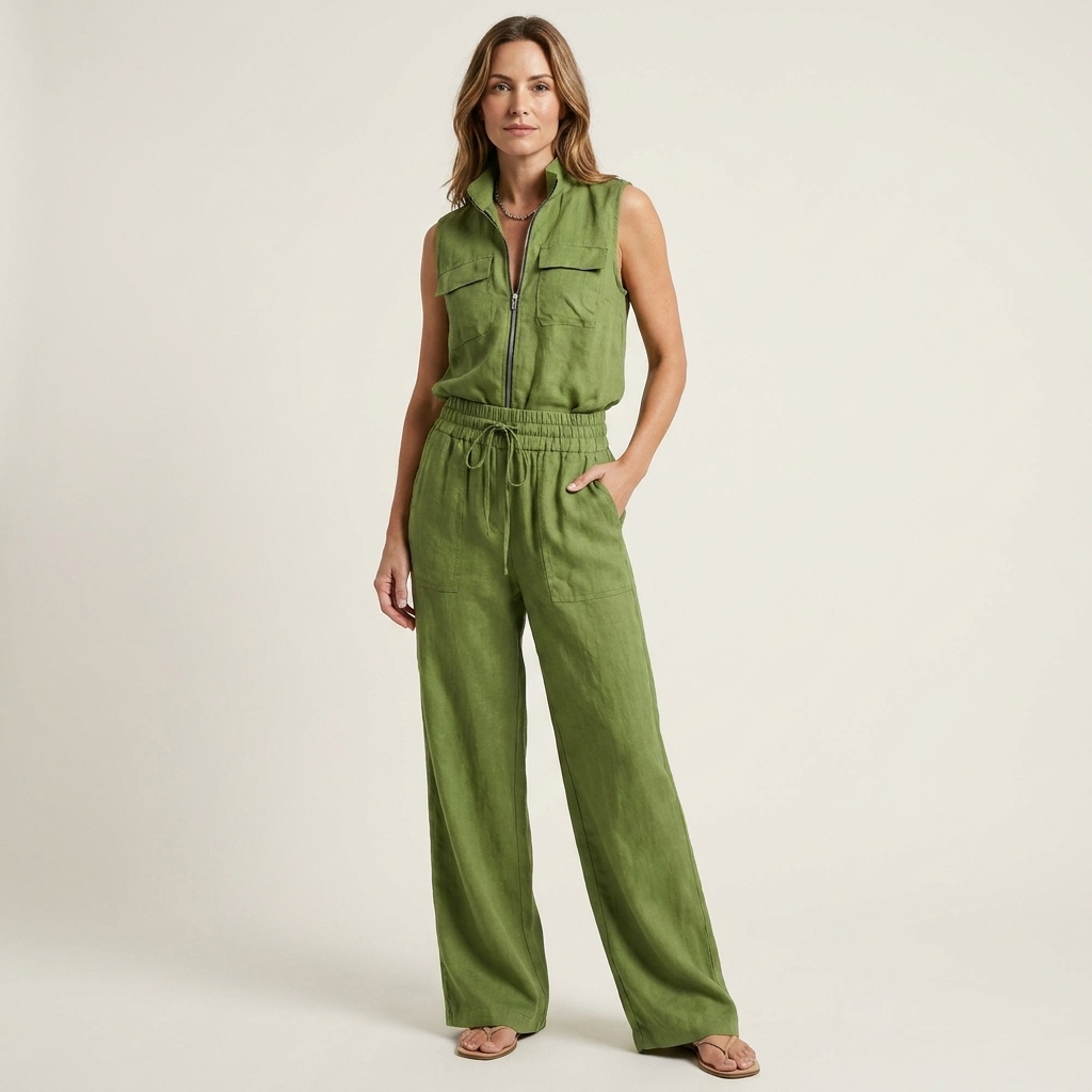 Leona | Zip-Front Two-Piece Set With Drawstring Wide-Leg Pants