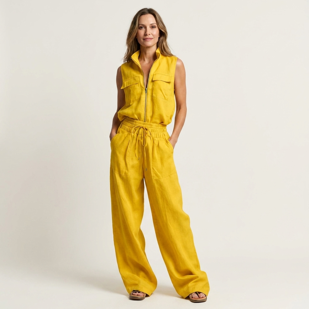 Leona | Zip-Front Two-Piece Set With Drawstring Wide-Leg Pants