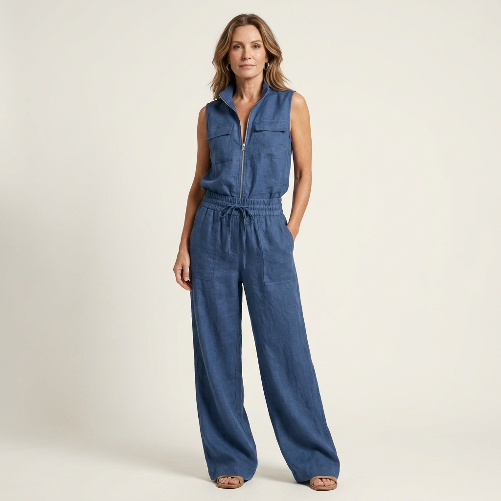 Leona | Zip-Front Two-Piece Set With Drawstring Wide-Leg Pants