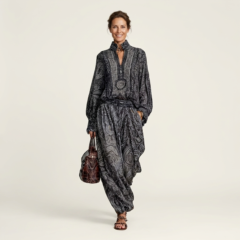 Nayra | Paisley Print Long-Sleeve Top & Harem Pants Two-Piece Set
