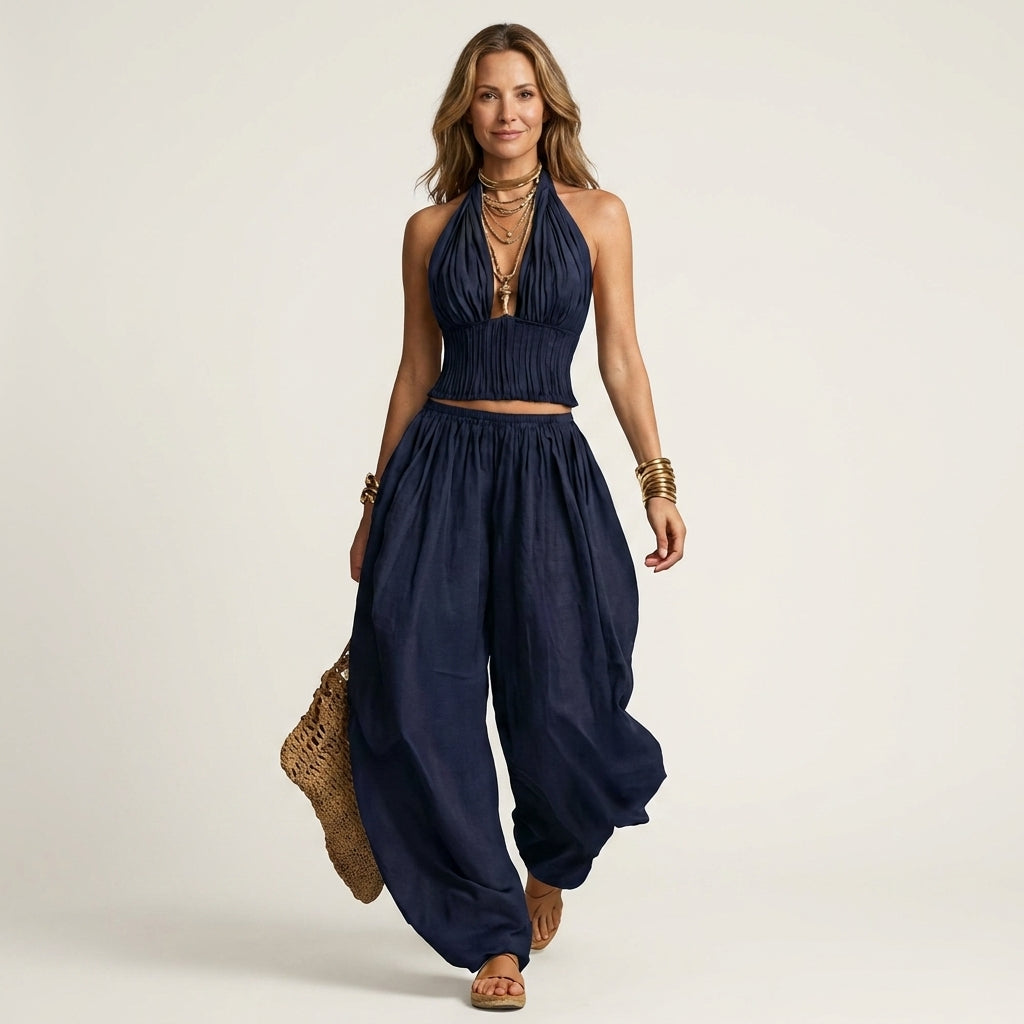 Leony | Halter Crop Top & Harem Wide-Leg Pants Two-Piece Set