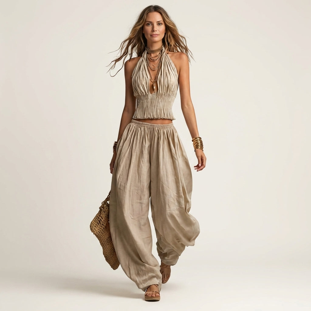 Leony | Halter Crop Top & Harem Wide-Leg Pants Two-Piece Set