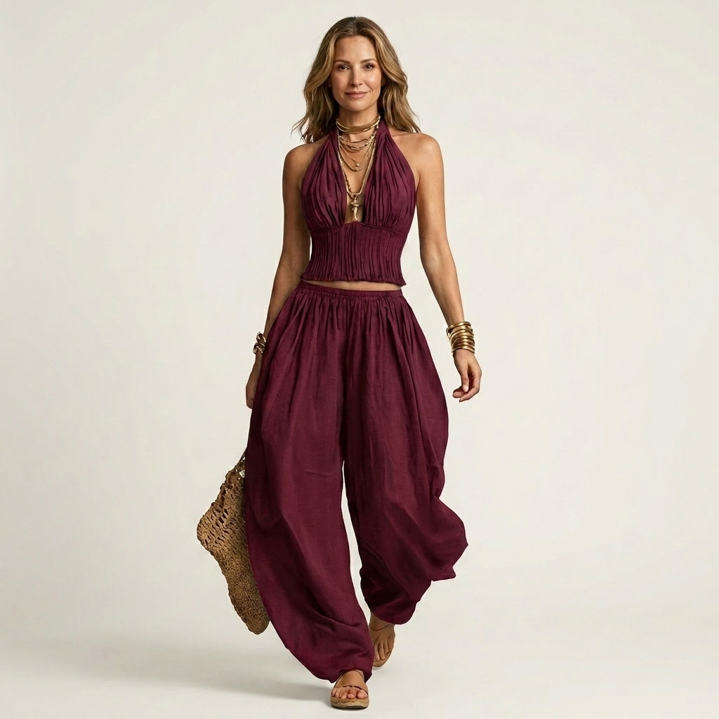 Leony | Halter Crop Top & Harem Wide-Leg Pants Two-Piece Set