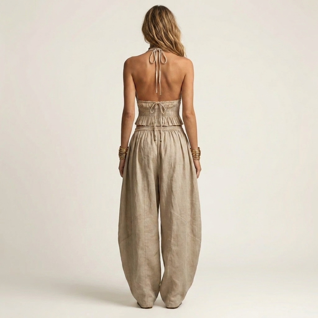 Leony | Halter Crop Top & Harem Wide-Leg Pants Two-Piece Set
