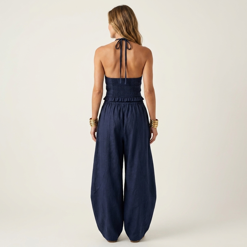 Leony | Halter Crop Top & Harem Wide-Leg Pants Two-Piece Set