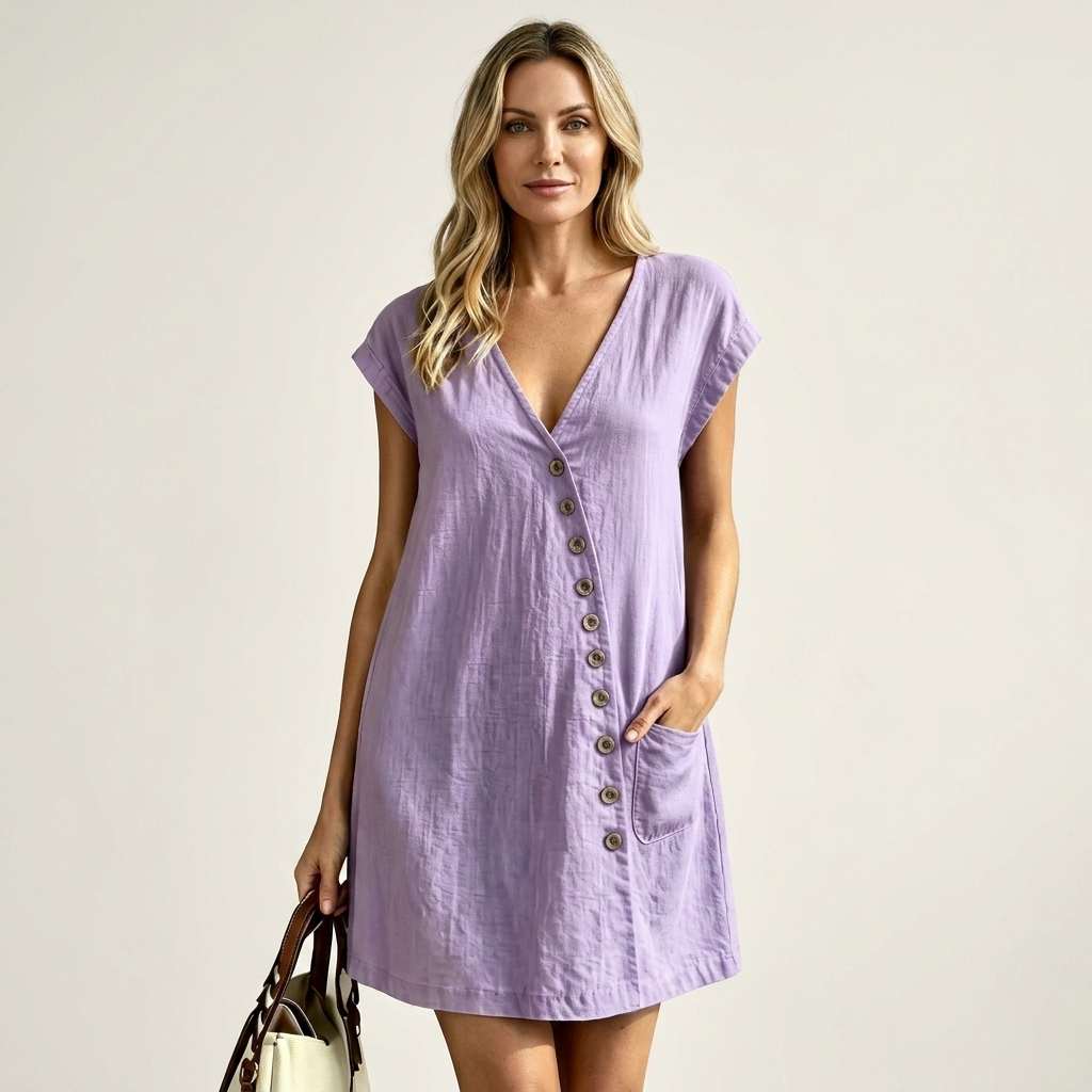 Azelia | Button-Front V-Neck Cotton-Linen Mini Dress With Pockets
