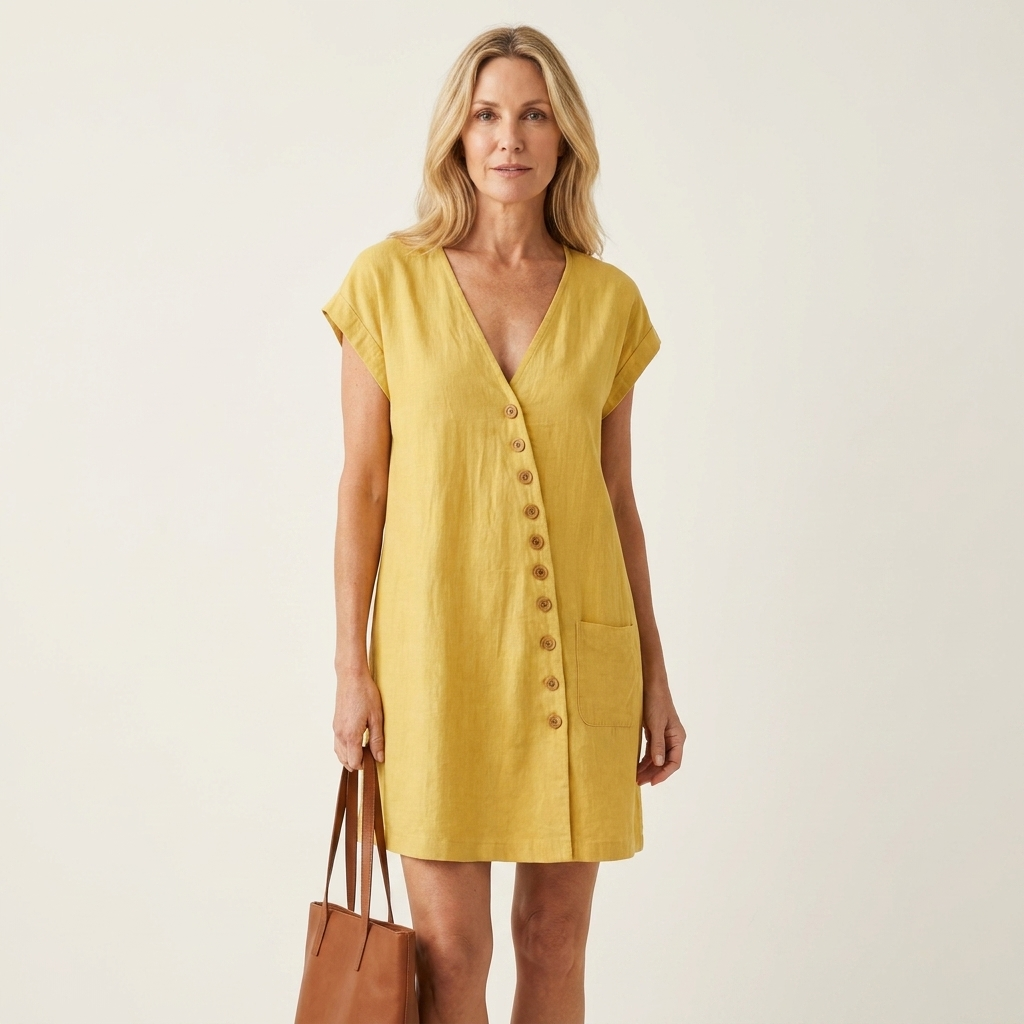 Azelia | Button-Front V-Neck Cotton-Linen Mini Dress With Pockets