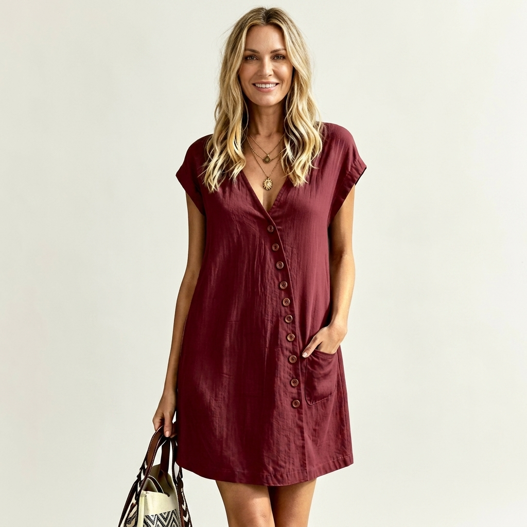 Azelia | Button-Front V-Neck Cotton-Linen Mini Dress With Pockets
