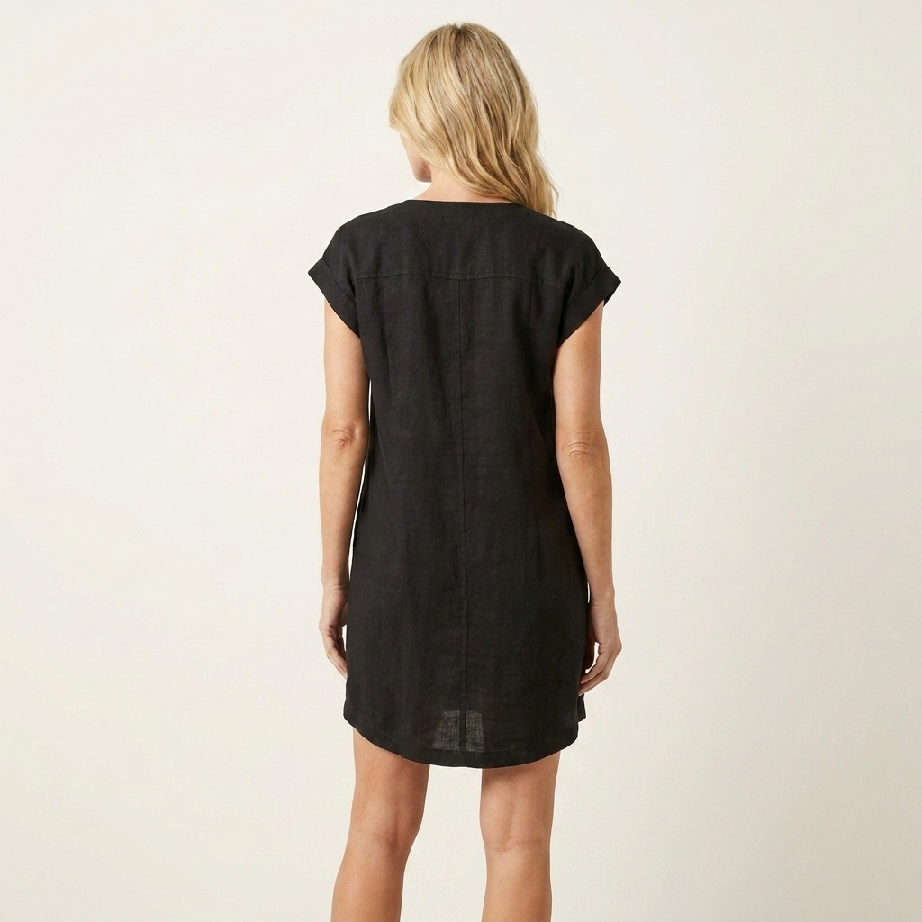 Azelia | Button-Front V-Neck Cotton-Linen Mini Dress With Pockets