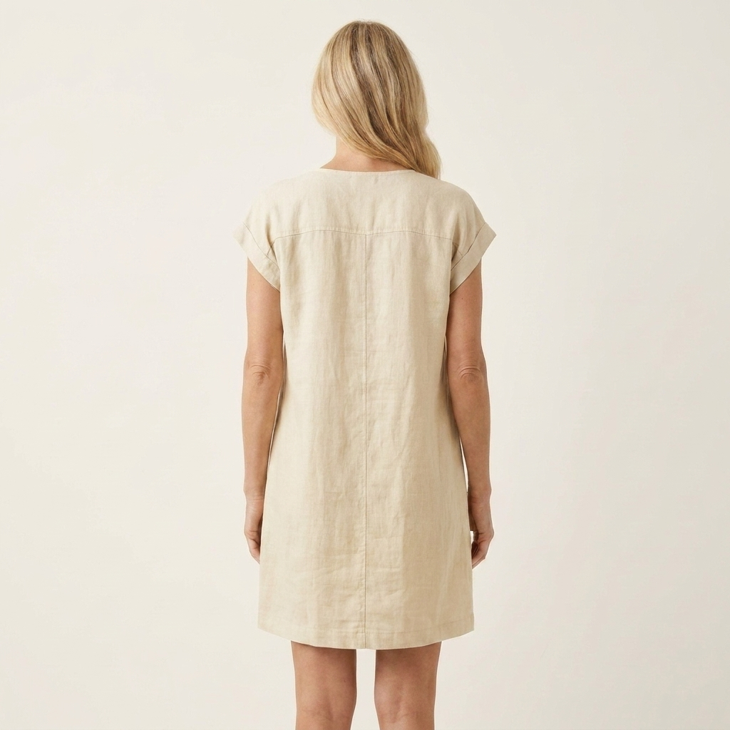 Azelia | Button-Front V-Neck Cotton-Linen Mini Dress With Pockets