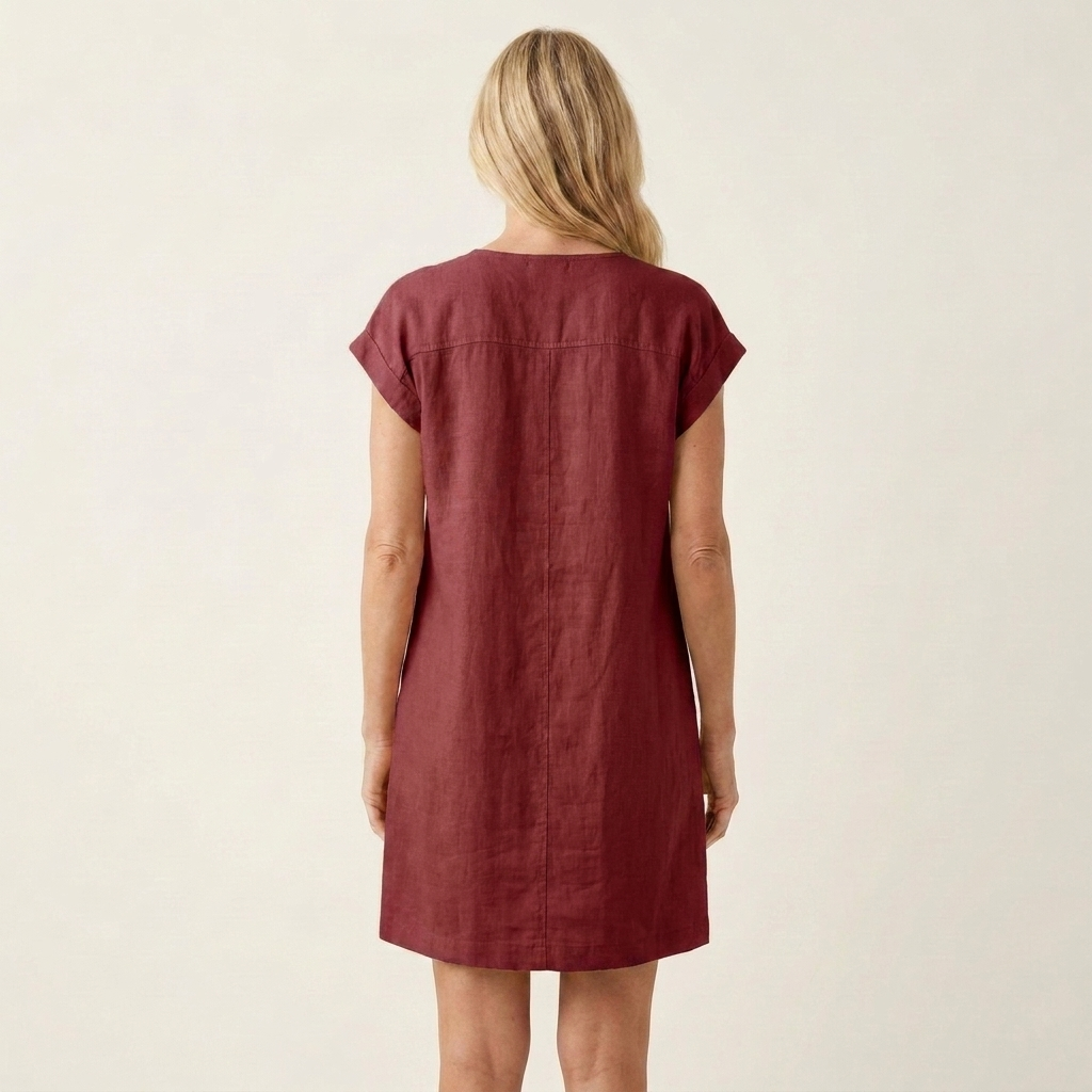 Azelia | Button-Front V-Neck Cotton-Linen Mini Dress With Pockets