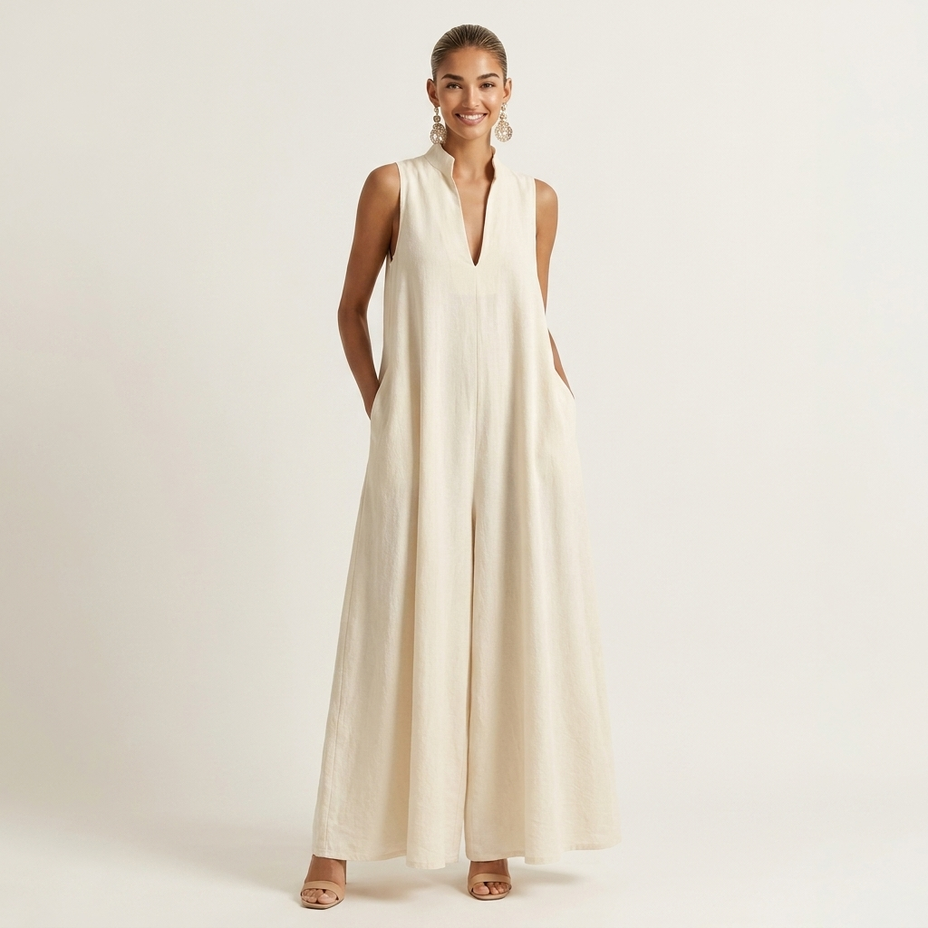 Soleil | V-Neck Sleeveless Cotton-Linen Maxi Dress