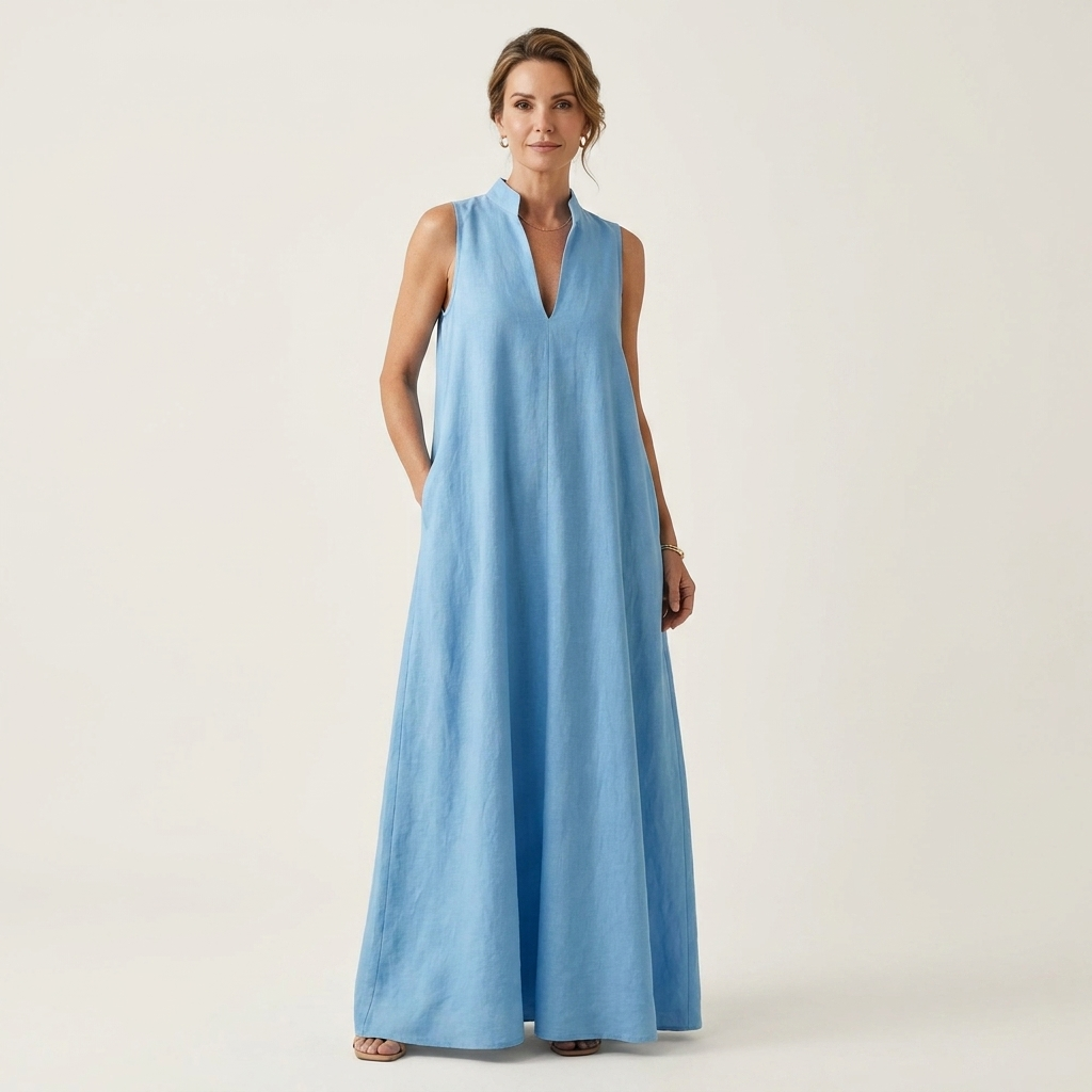 Soleil | V-Neck Sleeveless Cotton-Linen Maxi Dress