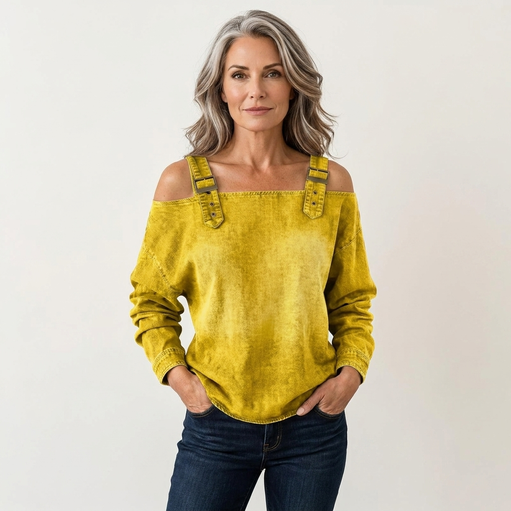 Remy | Cold-Shoulder Denim-Look Long Sleeve Top