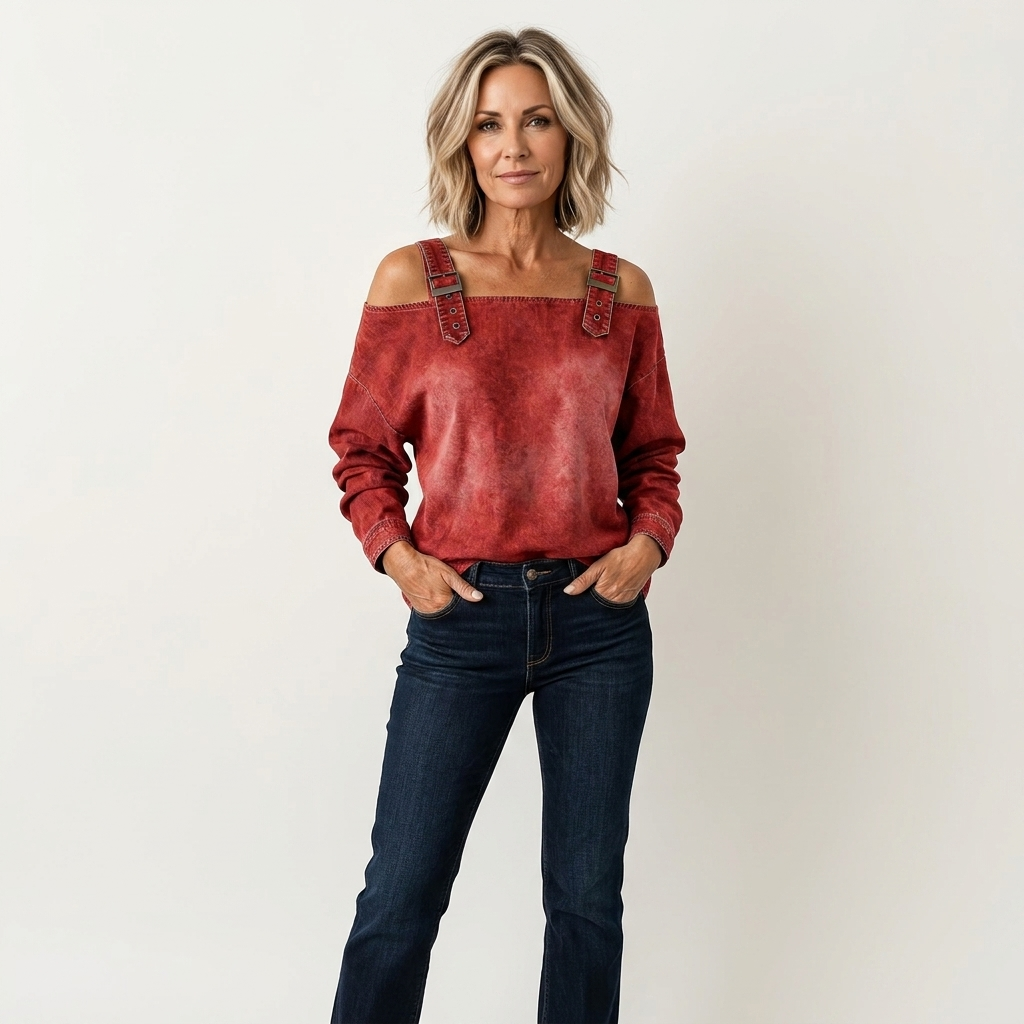 Remy | Cold-Shoulder Denim-Look Long Sleeve Top