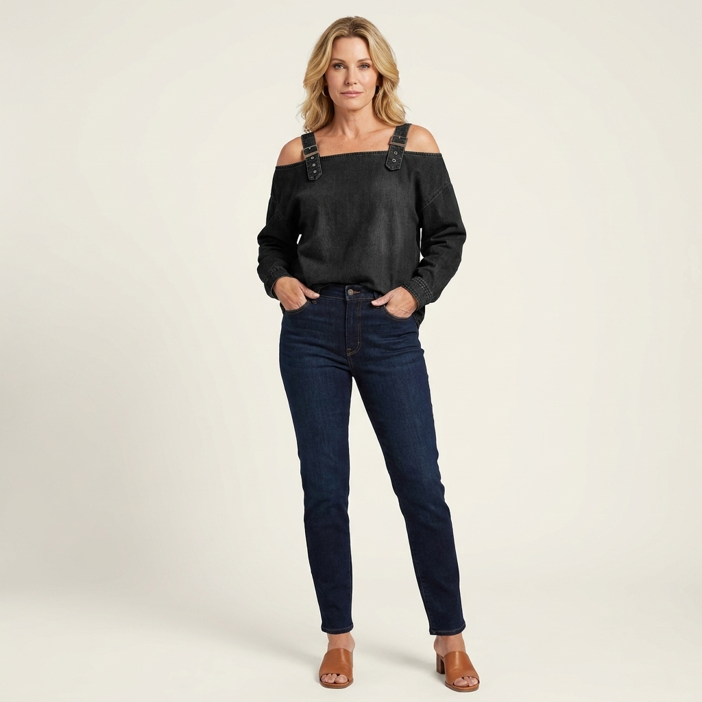 Remy | Cold-Shoulder Denim-Look Long Sleeve Top
