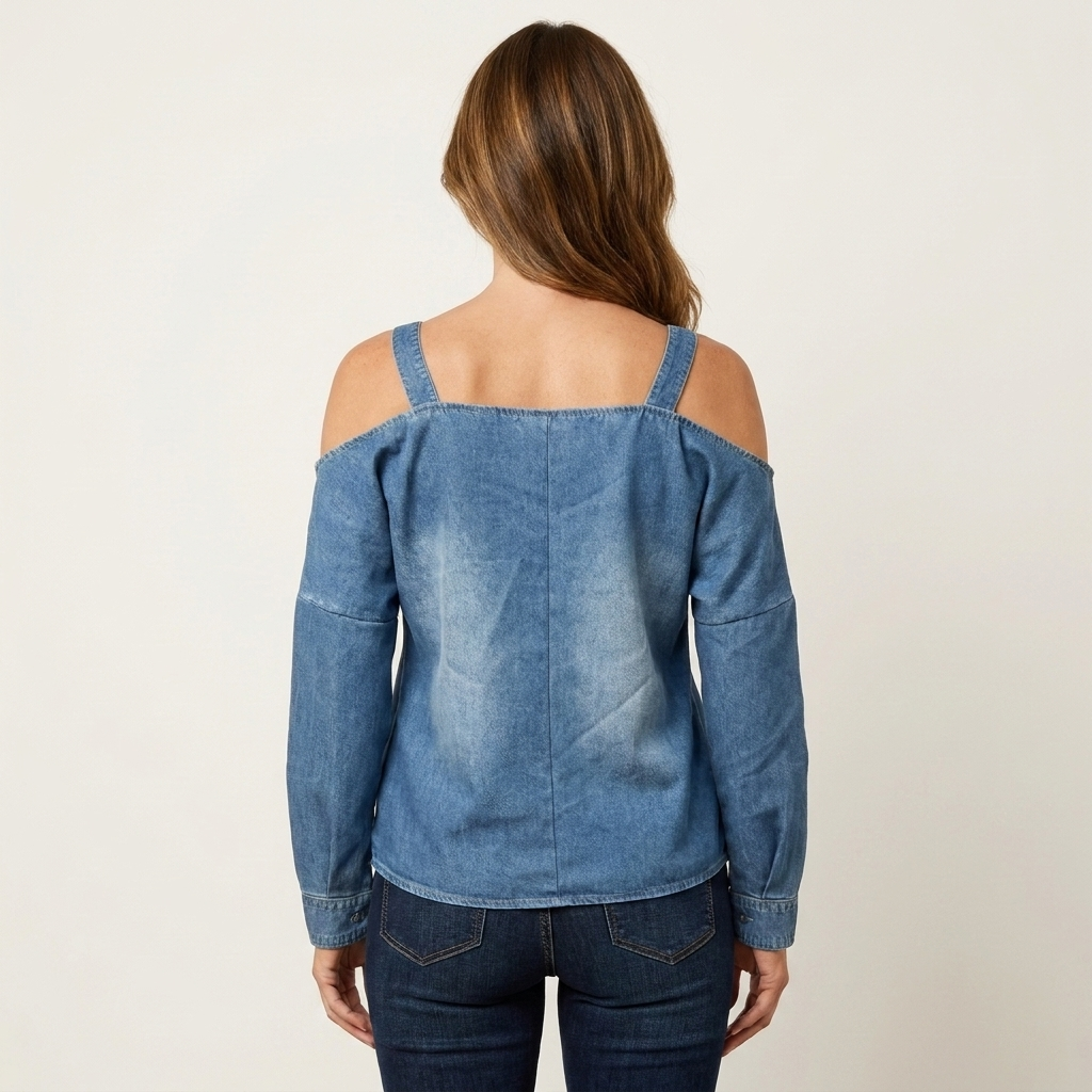 Remy | Cold-Shoulder Denim-Look Long Sleeve Top
