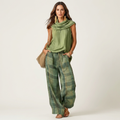Sage | Draped Cowl-Neck Top & Plaid Wide-Leg Pants